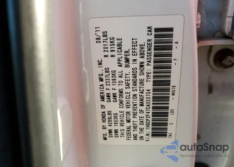 2012 Honda Accord Lxp z USA, uszkodzony, nr VIN 1HGCP2F47CA000754